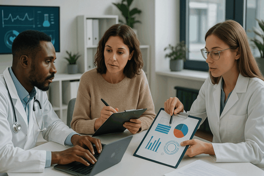Understanding Outpatient Eating Disorder Treatment for Adults: A Mindful Approach to Nutrition and Lasting Recovery 6 Multidisciplinary team in a clinical setting discussing charts and biometric data during Outpatient Eating Disorder Treatment for Adults.