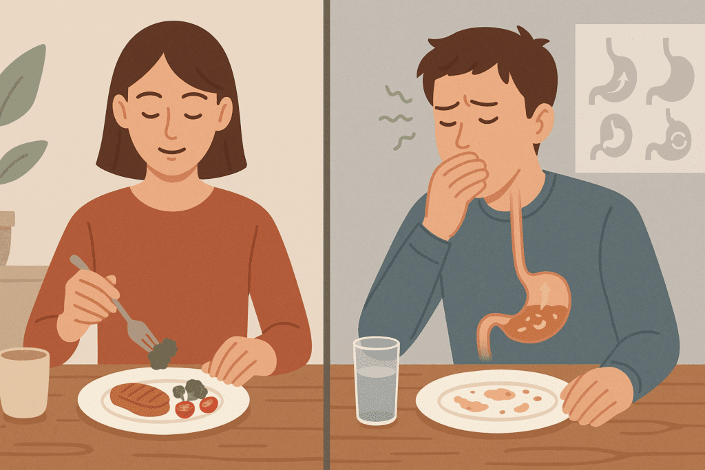 Understanding Rumination Syndrome: How This Often-Misunderstood Eating Disorder Impacts Nutrition and Wellness 1 Split-screen illustration comparing mindful eating with symptoms of Rumination Syndrome after meals.
