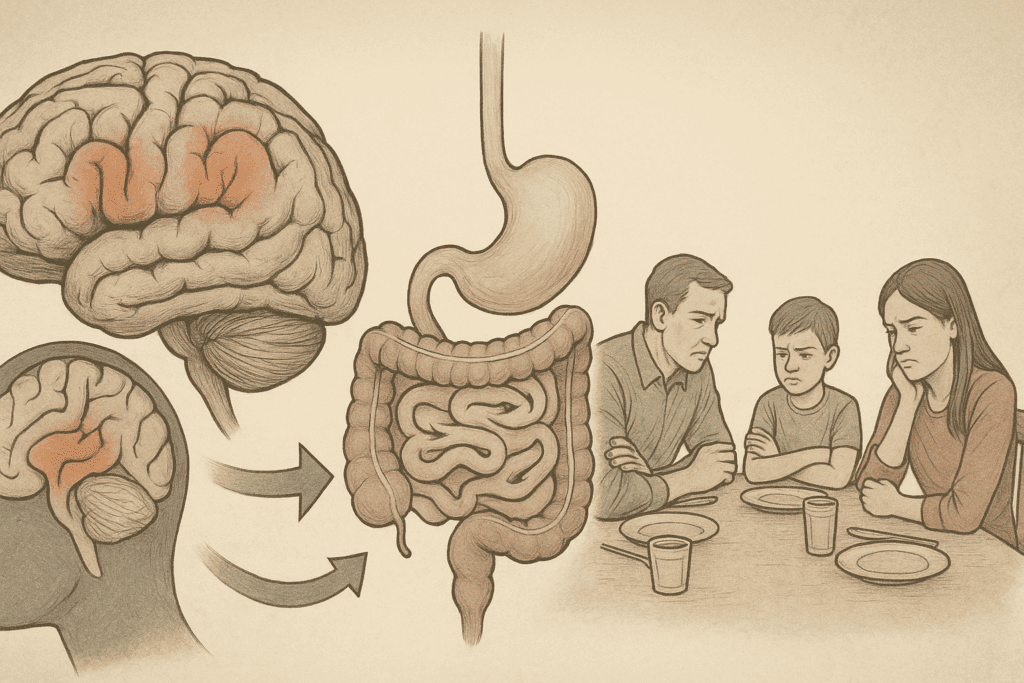 Understanding Rumination Syndrome: How This Often-Misunderstood Eating Disorder Impacts Nutrition and Wellness 2 Conceptual illustration of Rumination Syndrome showing emotional brain regions, digestive tract contractions, and tense family mealtime behavior.
