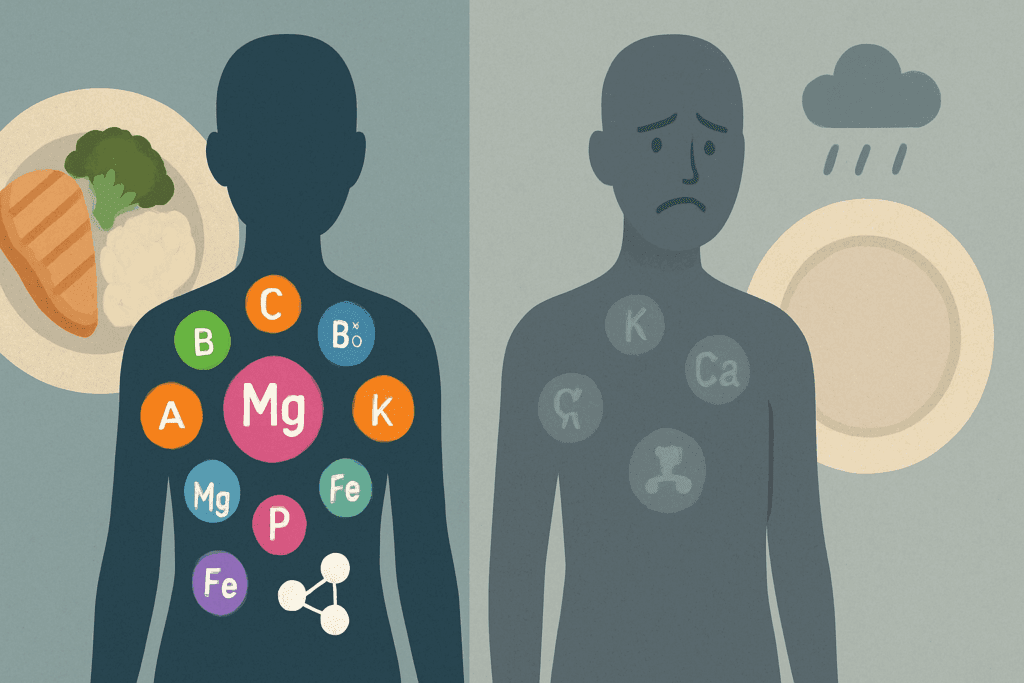 Understanding Rumination Syndrome: How This Often-Misunderstood Eating Disorder Impacts Nutrition and Wellness 3 Side-by-side silhouettes showing nutrient-rich and nutrient-deficient bodies, illustrating the health impact of Rumination Syndrome.