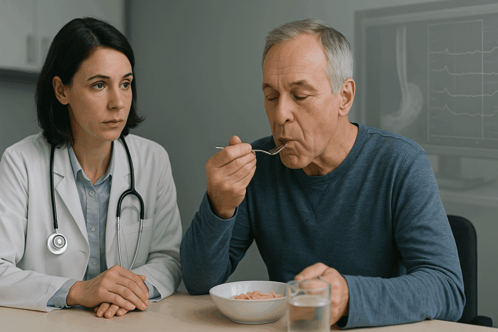 Understanding Rumination Syndrome: How This Often-Misunderstood Eating Disorder Impacts Nutrition and Wellness 4 Doctor observes patient eating during clinical evaluation with esophageal monitor, illustrating Rumination Syndrome diagnosis.