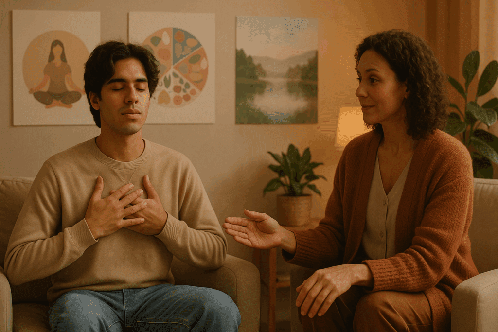 Understanding Rumination Syndrome: How This Often-Misunderstood Eating Disorder Impacts Nutrition and Wellness 5 Young adult practicing diaphragmatic breathing in therapy with counselor, part of holistic treatment for Rumination Syndrome