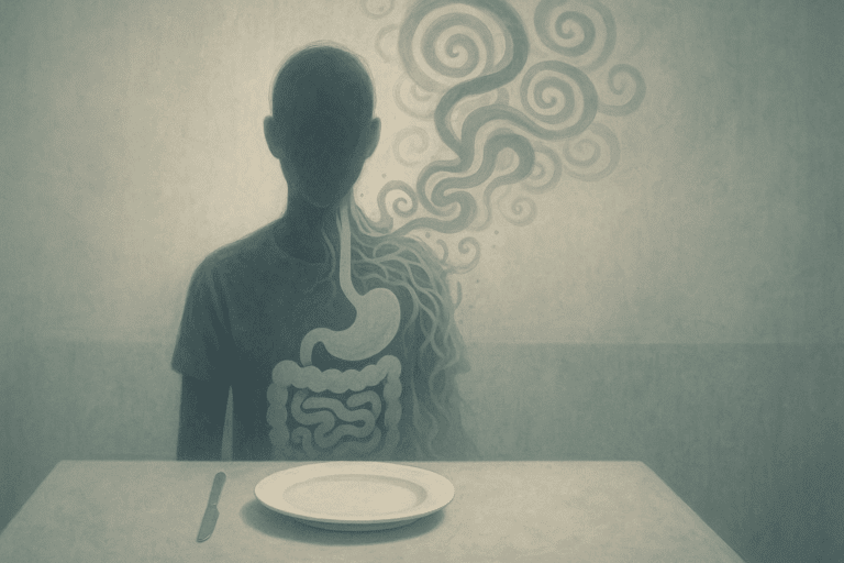 Faceless person dissolving into digestive anatomy and swirling thoughts at a dining table, symbolizing the emotional and physical complexity of Rumination Syndrome.