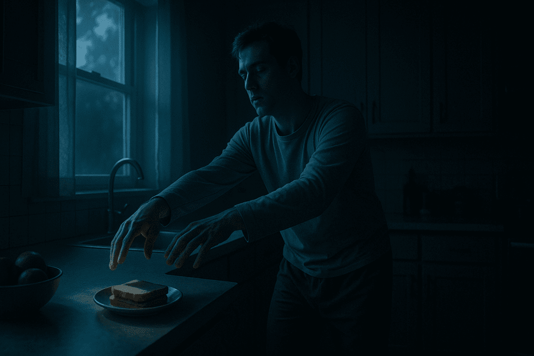 Man with sleep eating disorder reaching for food in a dark kitchen illuminated by moonlight