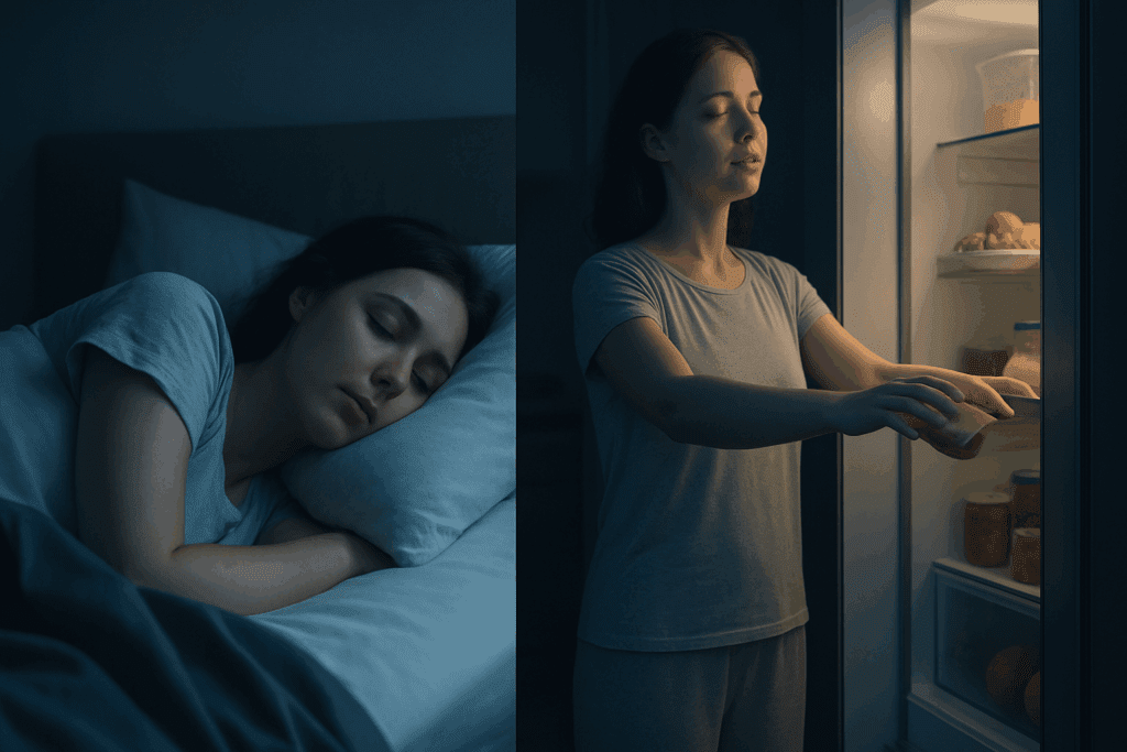Split-screen of a woman with Sleep Eating Disorder, shown asleep in bed on one side and sleepwalking to the fridge in a dark kitchen on the other