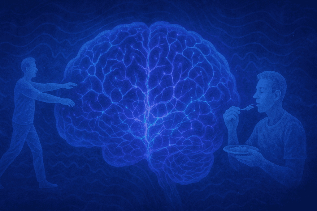 Artistic neural map showing brainwave activity with overlays of a sleepwalker and a person eating, visualizing Sleep Eating Disorder during deep sleep.