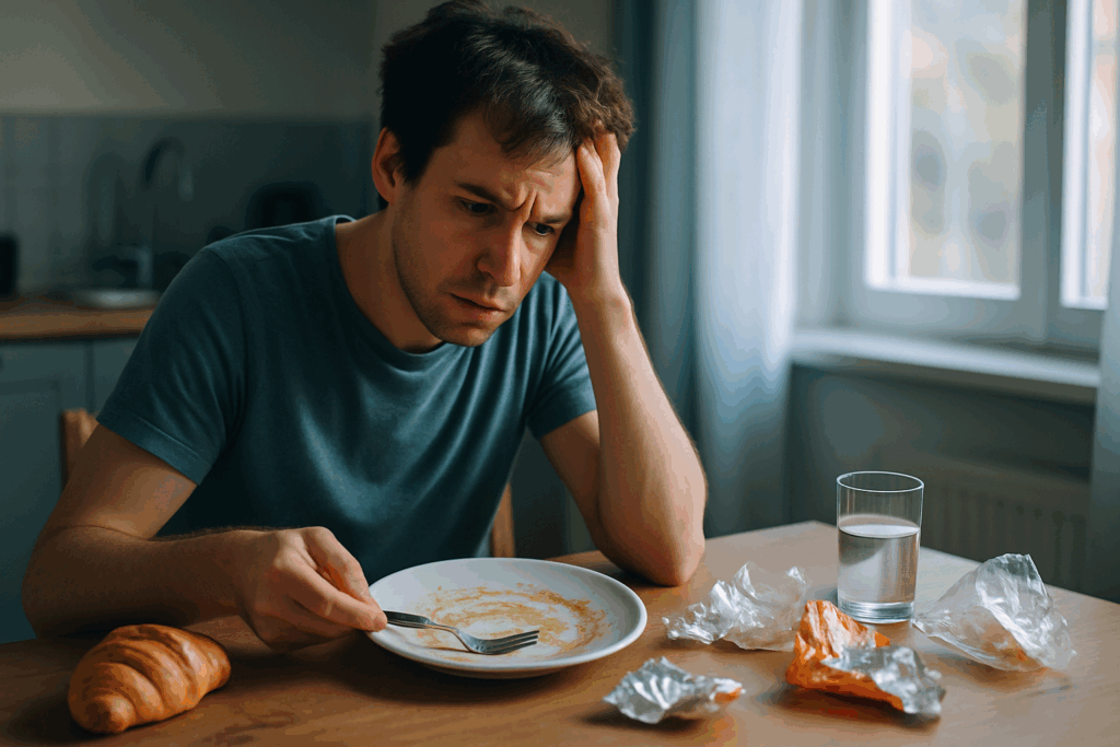 Confused young man sitting at a breakfast table with food wrappers and empty plate, illustrating emotional distress from Sleep Eating Disorder