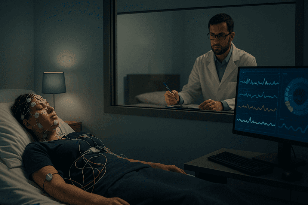 Person undergoing monitored sleep study for Sleep Eating Disorder in a clinical lab with EEG wires and data screens