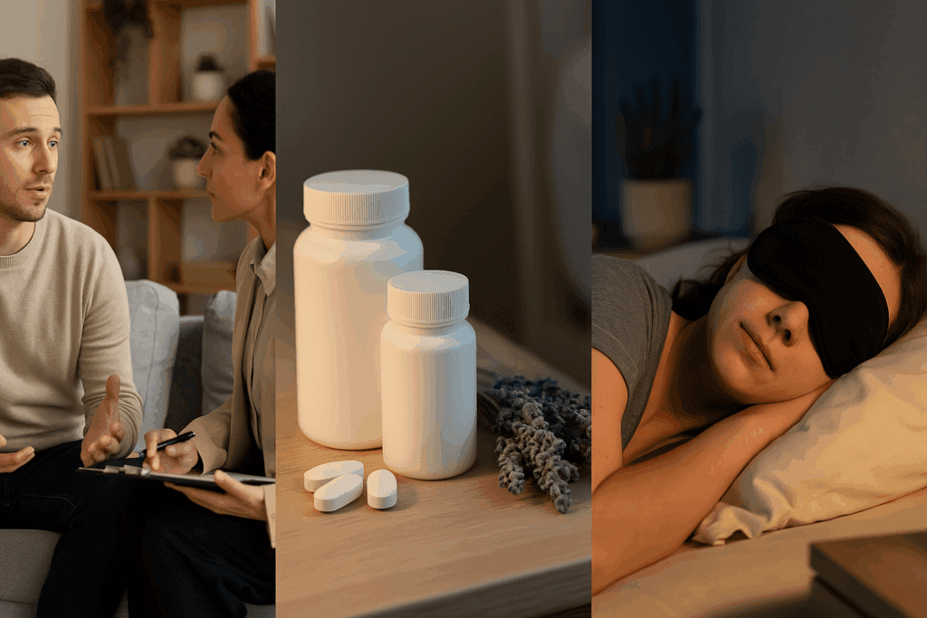 Holistic treatment for Sleep Eating Disorder shown through a therapy session, sleep medication on a nightstand, and a woman sleeping peacefully with a sleep mask.