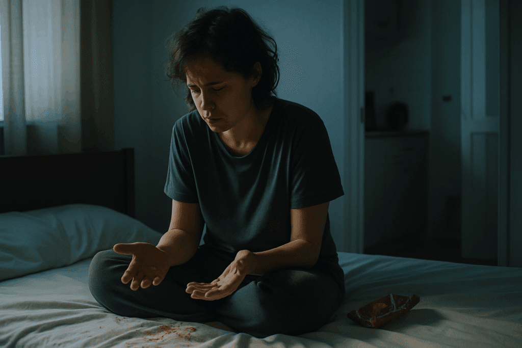 Person sitting on bed at dawn, looking at crumbs on their hands and sheets, depicting emotional struggle with Sleep Eating Disorder