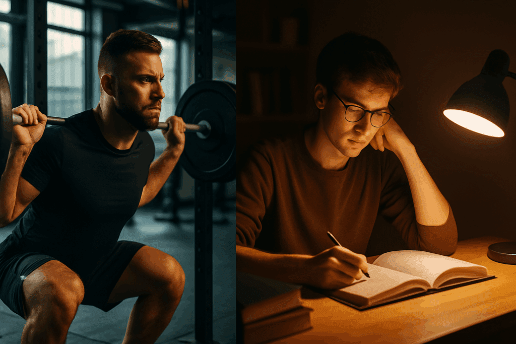 Split scene showing what is stamina in the human body—an athlete lifting weights in a gym and a student studying under warm desk light