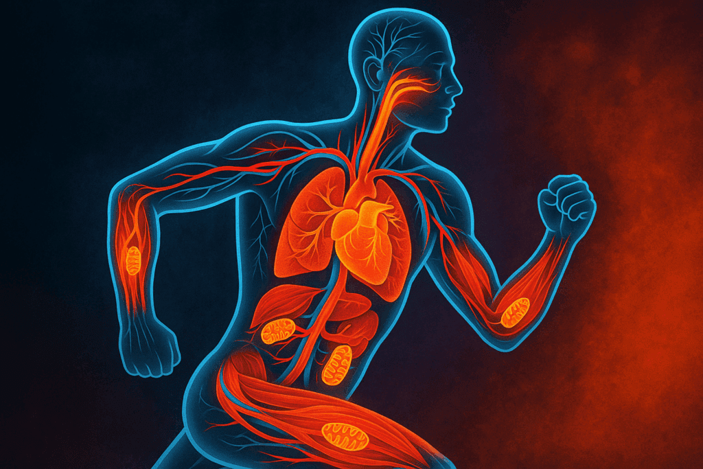 Human body in motion showing cardiovascular, respiratory, muscular, and mitochondrial systems during exertion—visualizing what is stamina in the human body.