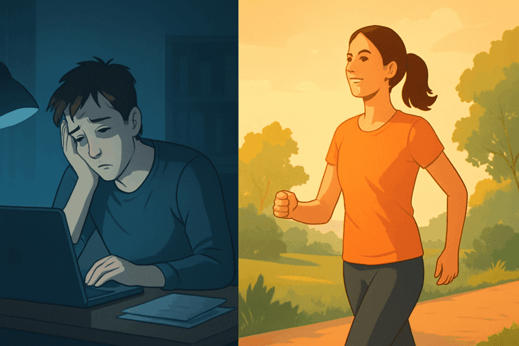 Tired man slouched at a desk beside an energetic woman walking outdoors, visually contrasting what is stamina in the human body through lifestyle differences.