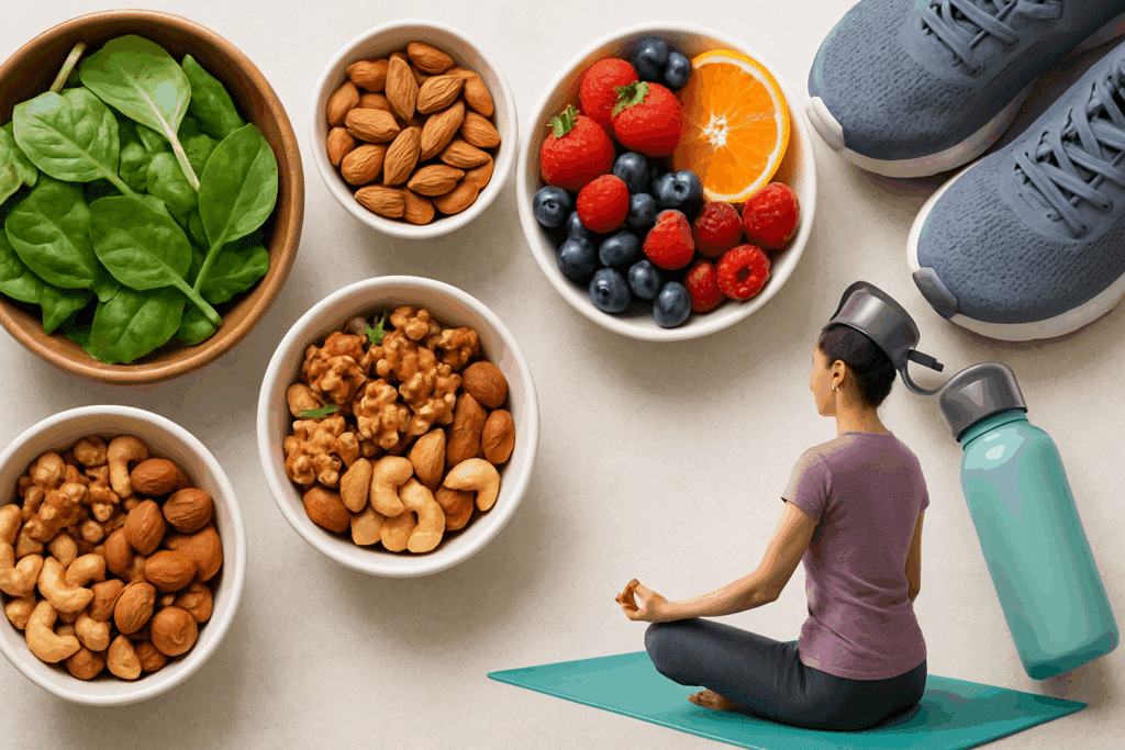 Healthy lifestyle flat lay showing fruits, nuts, spinach, yoga, and hydration essentials—visualizing what is stamina in the human body.