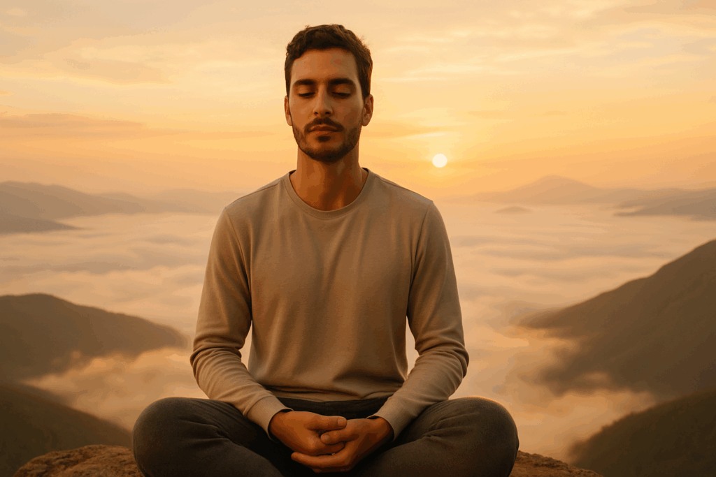 Man meditating atop a mountain at sunrise, symbolizing mental clarity and inner strength in understanding what is stamina in the human body