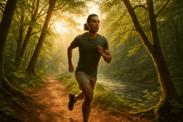 Runner on a forest trail at sunrise symbolizing vitality, balance, and what is stamina in the human body