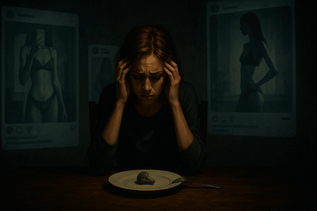 Distressed woman sitting alone at a table with a single piece of food, surrounded by ghostly social media images of thin influencers, illustrating the emotional toll of calorie restriction and body image anxiety.
