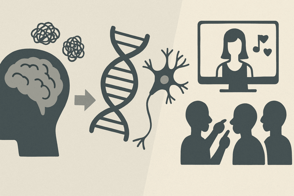 Infographic illustrating the psychological, biological, and social influences behind eating disorders, with symbolic visuals like a brain, DNA strand, and social group pressure, demonstrating the connection to calorie restriction.