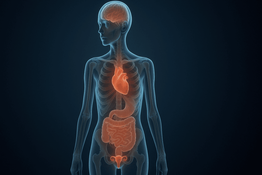 Transparent human body illustration highlighting organs affected by calorie restriction: weakened heart, osteoporosis in bones, slowed digestive system, cognitive decline in the brain, and reproductive organ impairment