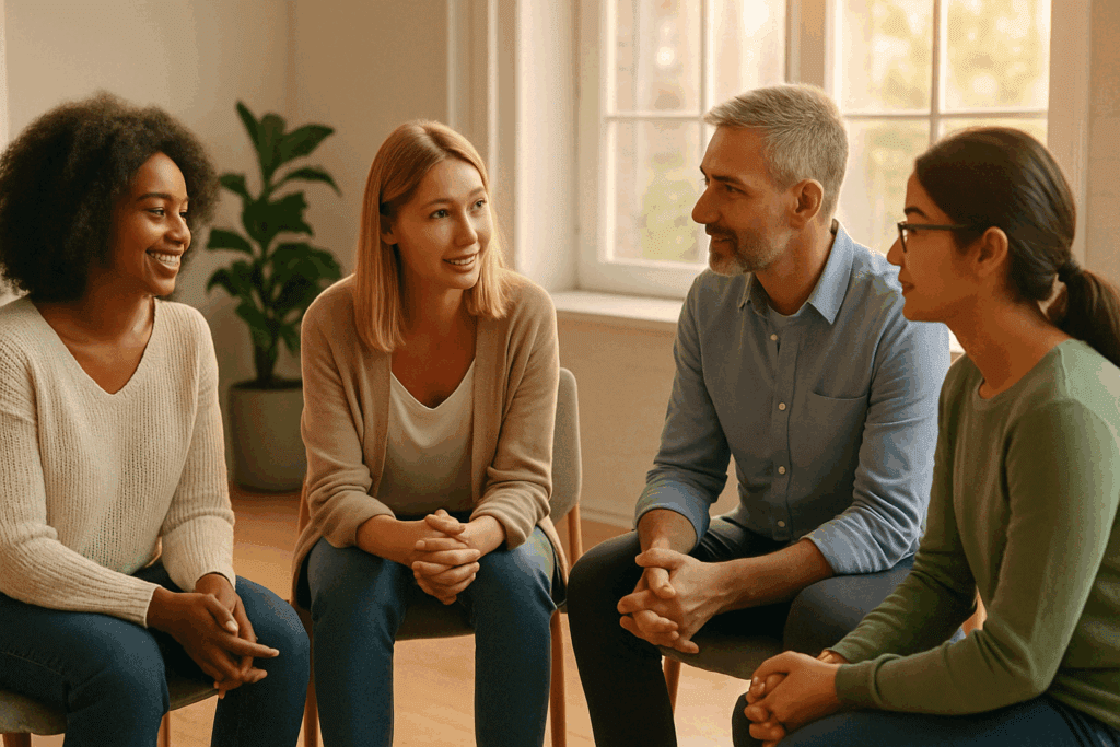 Support group session with diverse individuals engaged in a compassionate conversation, offering a safe space for discussing calorie restriction and its impact on mental and physical health