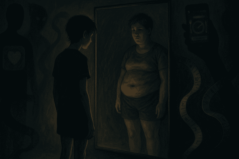 A young person stands in front of a full-length mirror, staring at a distorted reflection of themselves. The figure is surrounded by shadowy representations of calorie restriction, social media, and measuring tapes. The dim lighting emphasizes the emotional tension and internal struggle with body image, representing the psychological impact of eating disorders