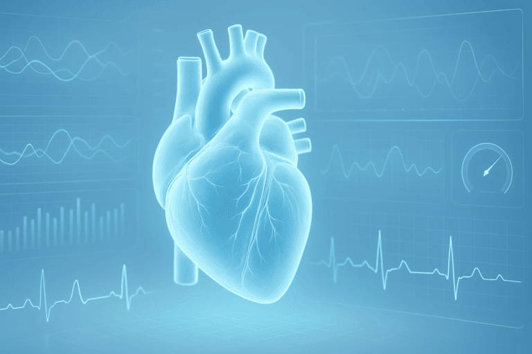 3D illustration of a human heart surrounded by futuristic healthy blood pressure and pulse rate chart visuals in a high-tech medical environment.