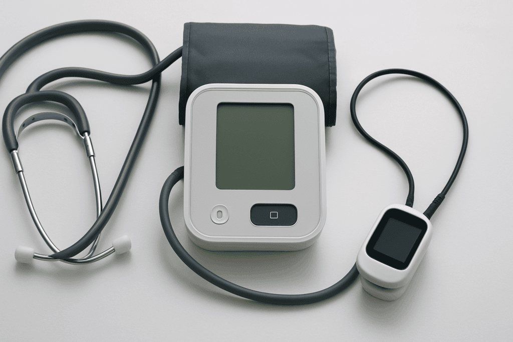 Stethoscope, digital blood pressure monitor, and heart rate sensor neatly arranged on a white table to illustrate healthy blood pressure and pulse rate chart.