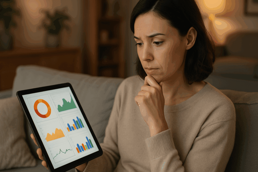 Understanding the Healthy Blood Pressure and Pulse Rate Chart: What It Really Says About Your Heart Health and Performance 2 Thoughtful woman analyzing a healthy blood pressure and pulse rate chart displayed on a tablet at home, with colorful health graphs.