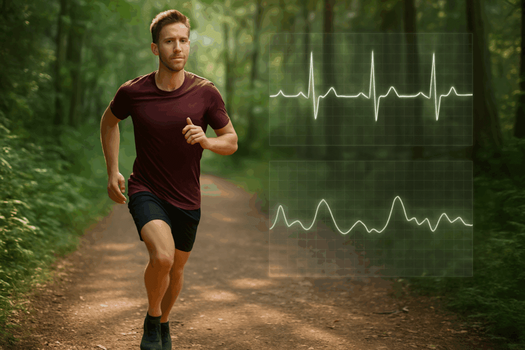 Understanding the Healthy Blood Pressure and Pulse Rate Chart: What It Really Says About Your Heart Health and Performance 3 Athletic man jogging on a forest trail with a healthy blood pressure and pulse rate chart overlay illustrating cardiovascular performance.