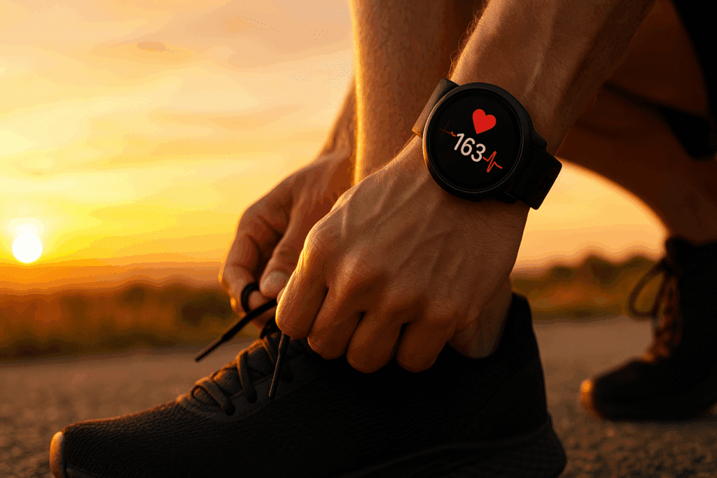 Understanding the Healthy Blood Pressure and Pulse Rate Chart: What It Really Says About Your Heart Health and Performance 4 Athlete tying running shoes at sunrise while wearing fitness watch tracking healthy blood pressure and pulse rate chart.