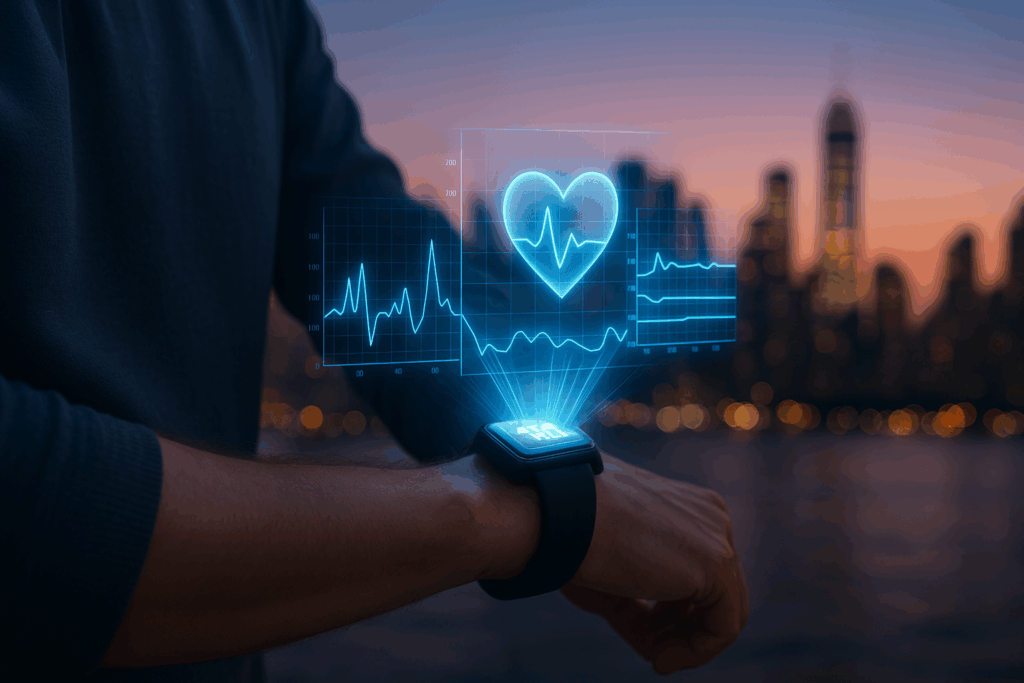 Understanding the Healthy Blood Pressure and Pulse Rate Chart: What It Really Says About Your Heart Health and Performance 6 Futuristic smartwatch hologram displaying a healthy blood pressure and pulse rate chart with heart rate trends, against a city skyline at dusk.
