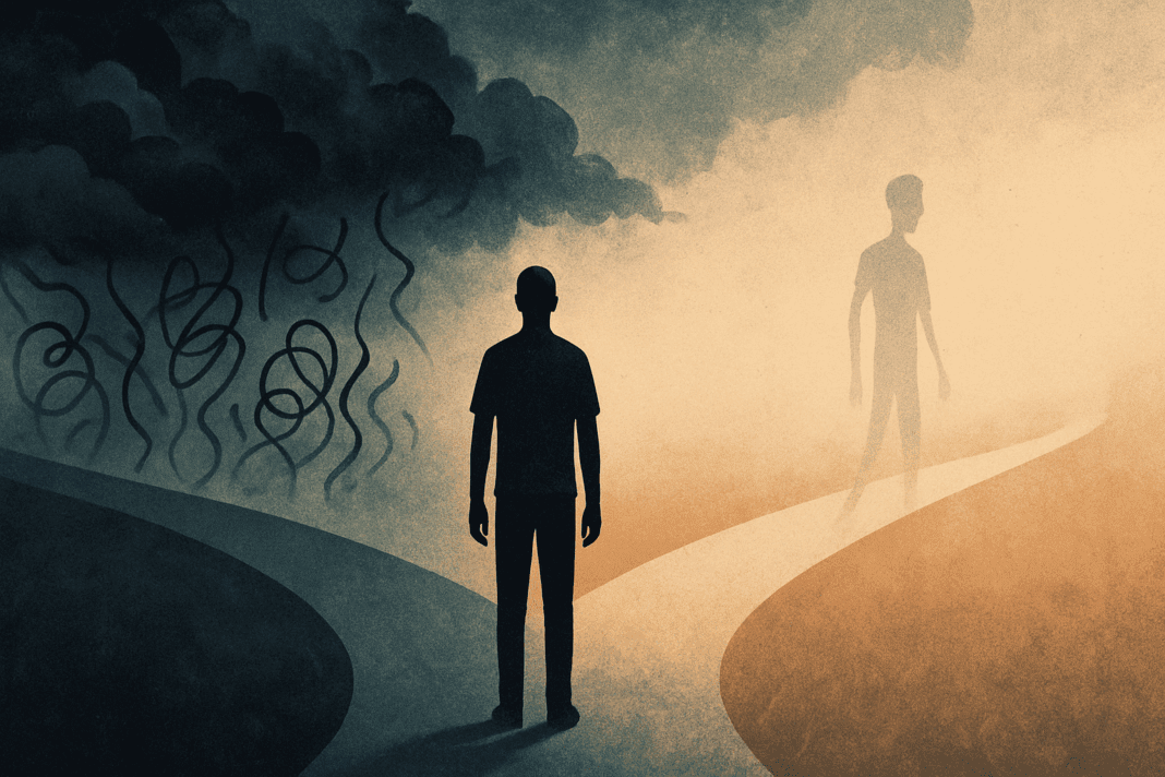 Person standing at a forked path symbolizing stress and weight loss, with one side stormy and chaotic, the other fading into a dissolving figure.