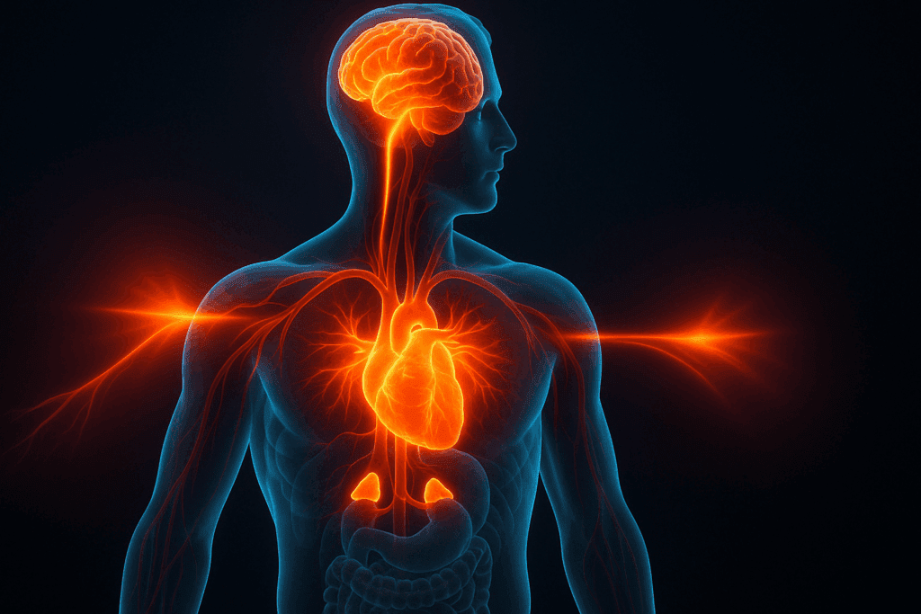 Anatomical illustration of the human stress response showing brain, heart, adrenal glands, and digestive system, visualizing effects linked to stress and weight loss