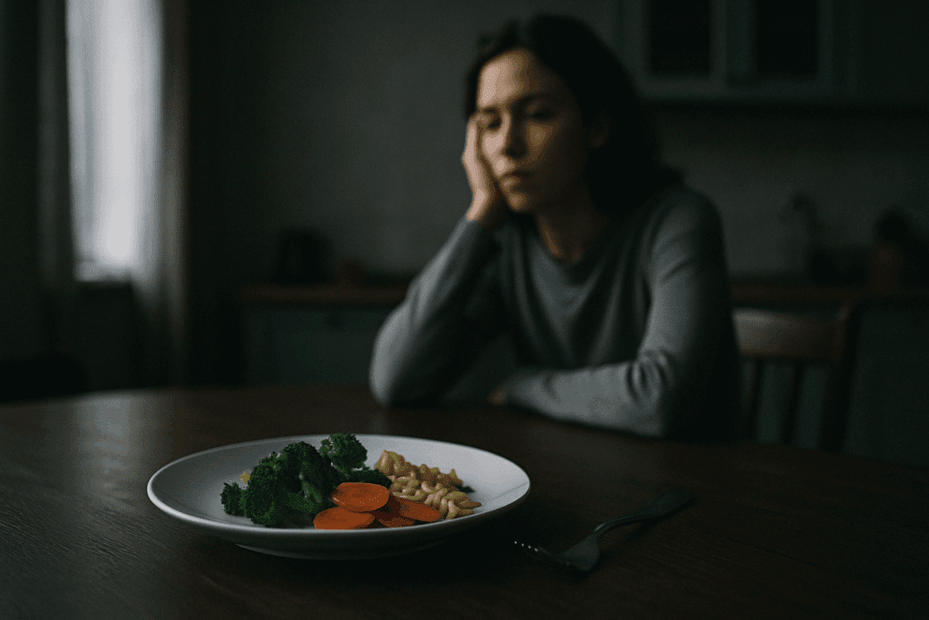 Woman staring blankly at untouched vegetables and pasta, illustrating stress and weight loss through appetite suppression.