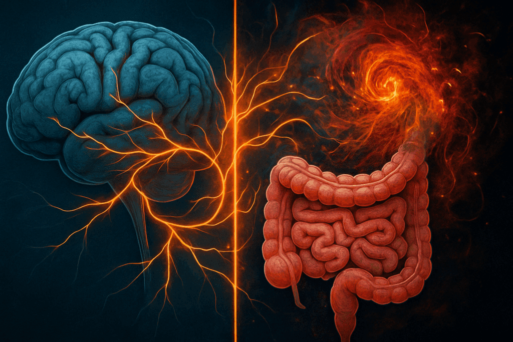 Conceptual split-screen illustration of the brain and intestines connected by glowing neural pathways, symbolizing the gut-brain axis disrupted by stress and weight loss