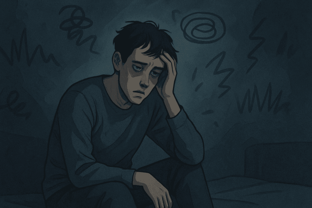 Exhausted man sitting alone in a dark room, visually representing stress and weight loss through emotional fatigue and anxiety