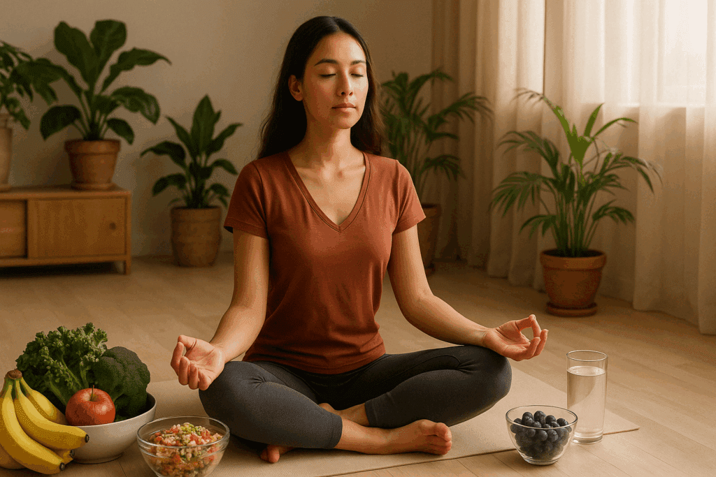 Woman meditating on yoga mat with fresh fruits and vegetables nearby, symbolizing holistic approach to stress and weight loss.
