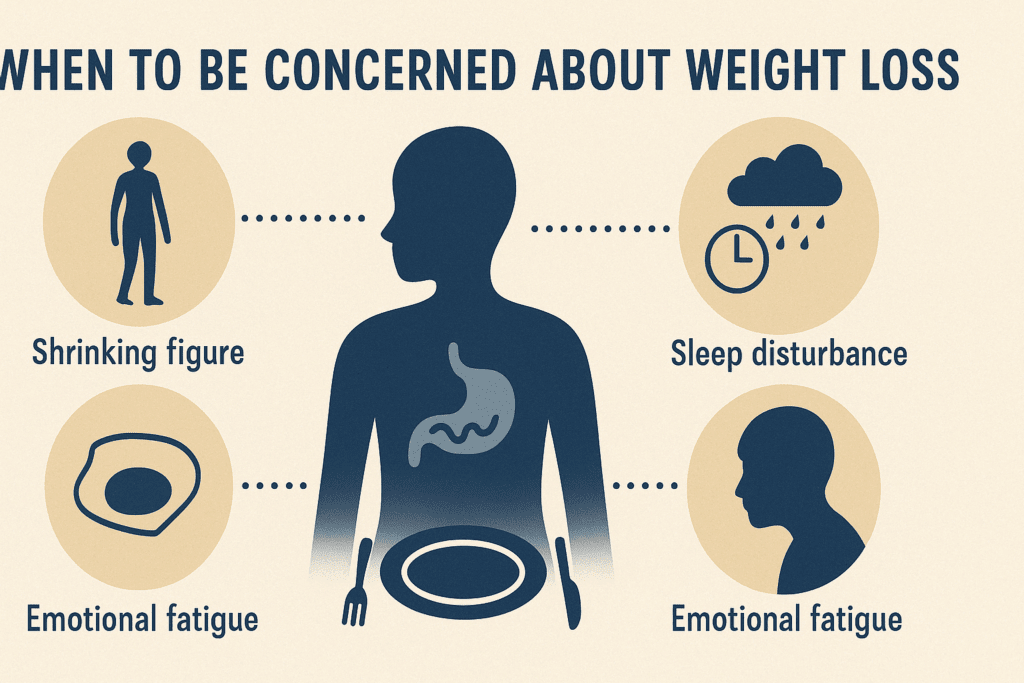 Infographic visually illustrating stress and weight loss through a shrinking figure, empty plate, storm cloud, and sleep disruption icons around a human silhouette