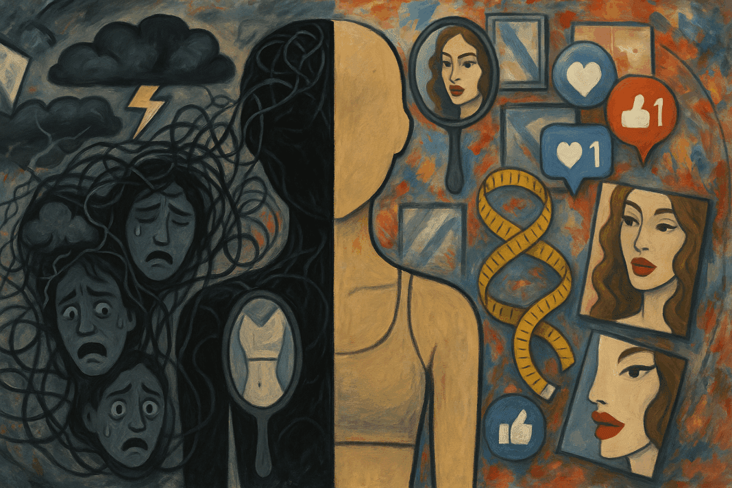 Split human silhouette depicting emotional chaos and cultural pressure, symbolizing a contributing factor to eating disorders.