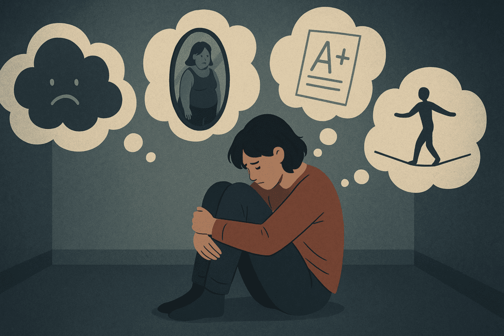 Young person sitting alone in a dim room, surrounded by thought bubbles illustrating self-doubt, perfectionism, and distorted body image—visualizing a contributing factor to eating disorders.