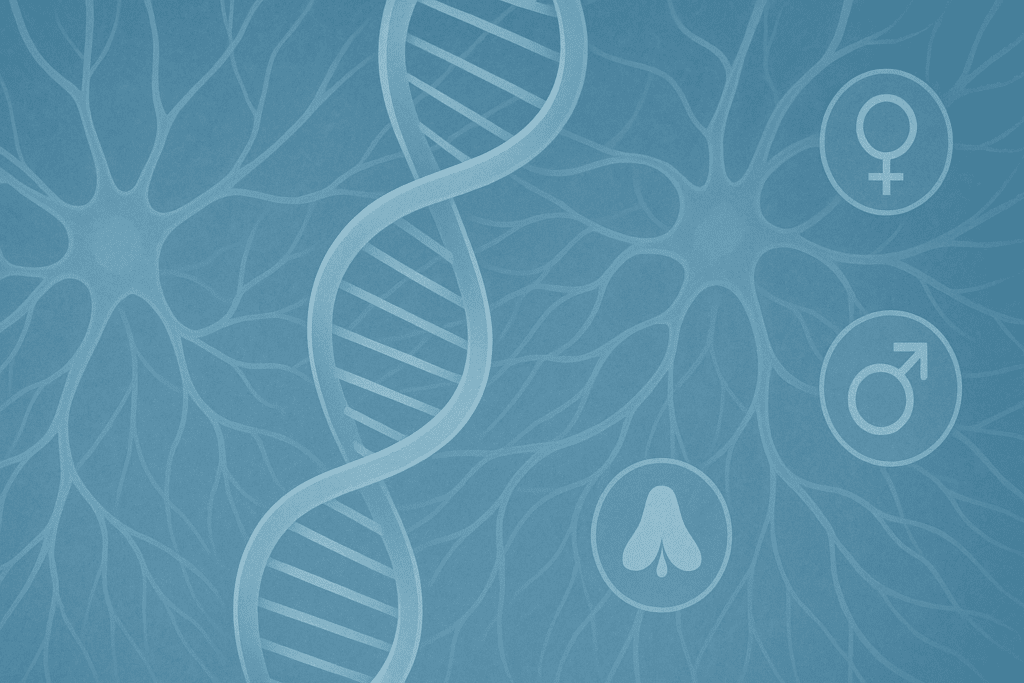 DNA strand interwoven with neural pathways and hormone symbols, representing genetic and biological roots as a contributing factor to eating disorders.