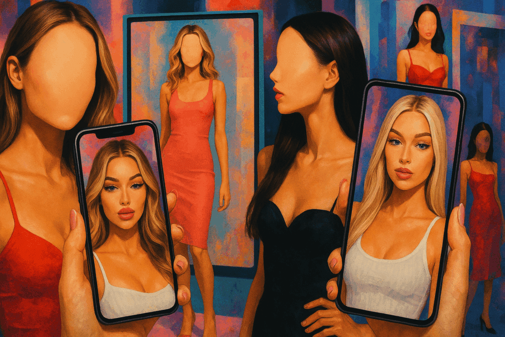 Faceless models and filtered selfies on smartphones in a vibrant collage highlighting media-driven beauty ideals—a contributing factor to eating disorders
