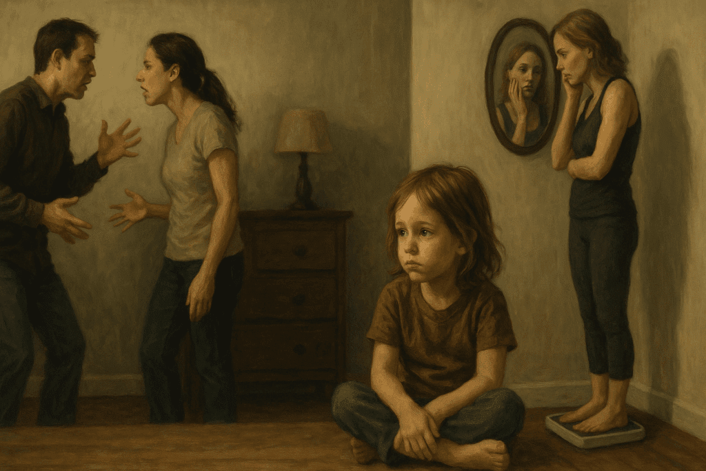 Young child sitting quietly while parents argue and a mother checks her weight in a mirror, illustrating a contributing factor to eating disorders.