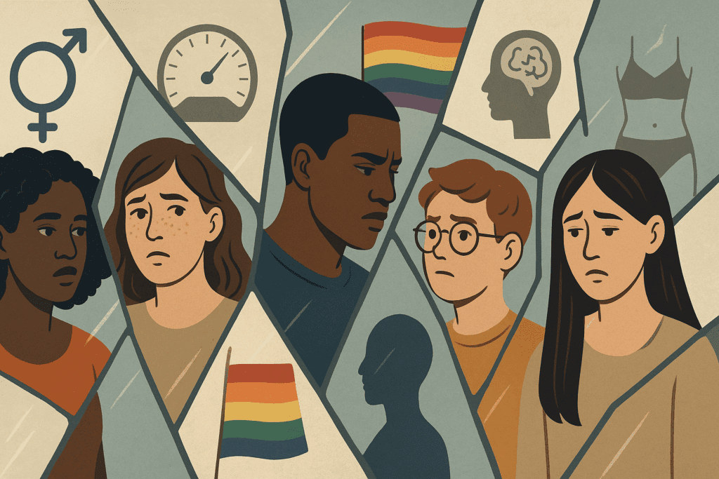 Diverse individuals including LGBTQ+, BIPOC, and neurodivergent people reflected in shards of a broken mirror, symbolizing identity-based stressors as a contributing factor to eating disorders.