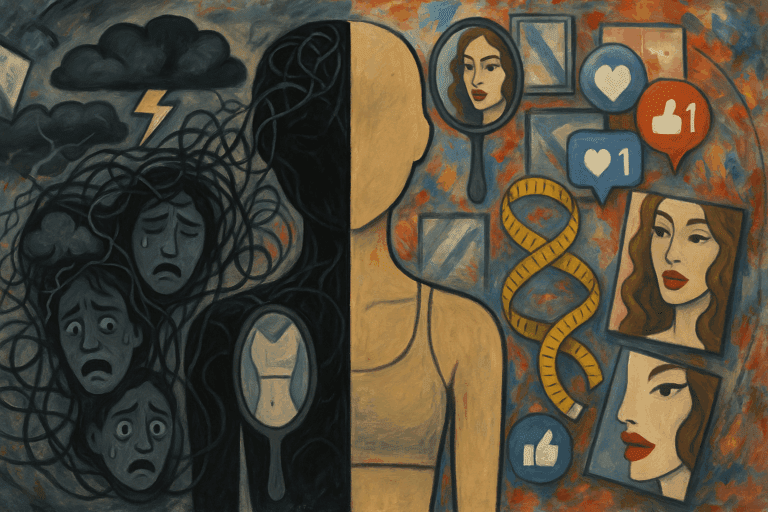 Split human silhouette depicting emotional chaos and cultural pressure, symbolizing a contributing factor to eating disorders.