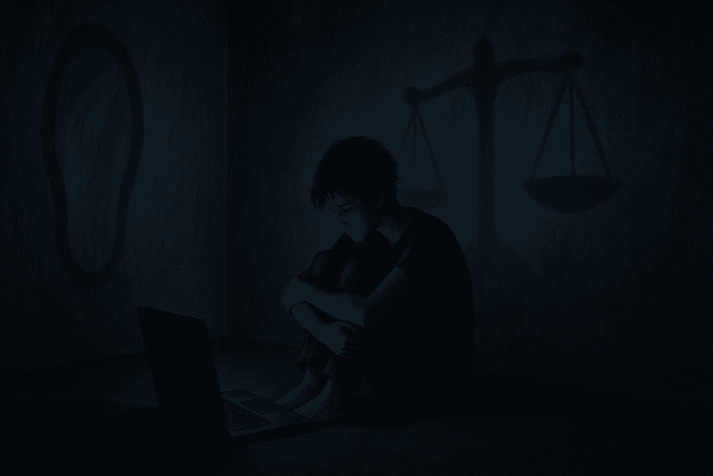 Understanding the Risks of Pro Ana Websites: How Disordered Eating Content Impacts Nutrition and Mental Wellness 3 Teen alone in dark room lit by laptop, shadowed walls reflecting distorted mirrors and scales, symbolizing anxiety from Pro Ana Websites