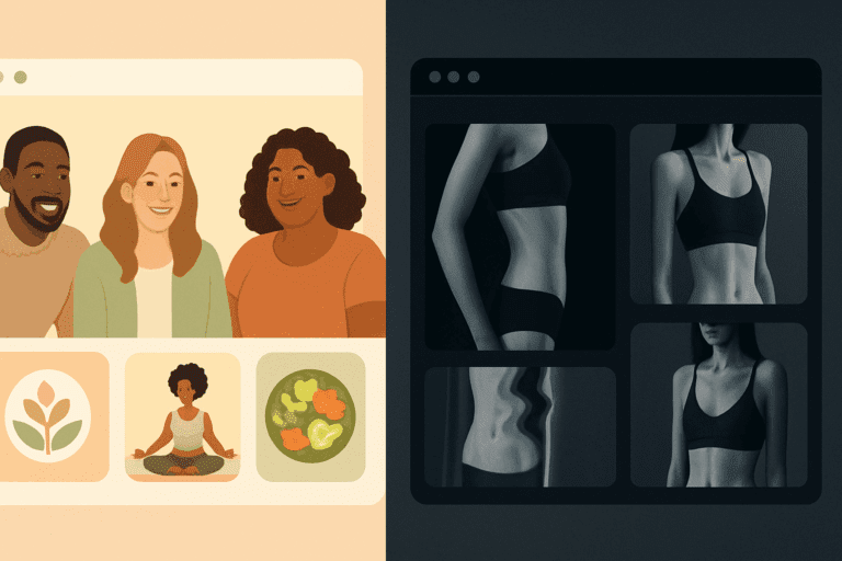 Split-screen showing positive wellness community versus dark, distorted body images symbolizing Pro Ana Websites online.