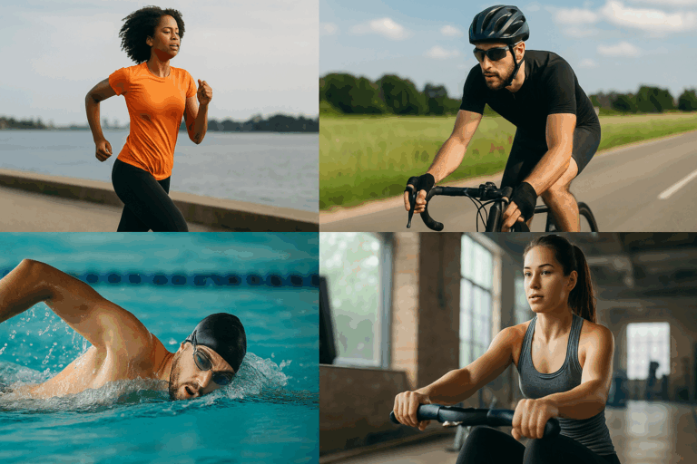 People performing aerobic activities like running, cycling, swimming, and rowing to illustrate which type of exercise is best for improving cardiorespiratory fitness.