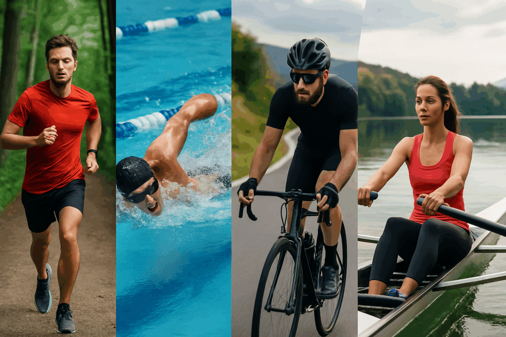 Unlocking Peak Performance: Which Type of Exercise Is Best for Improving Cardiorespiratory Fitness and Endurance? 4 Jogger, swimmer, cyclist, and rower in motion—showcasing which type of exercise is best for improving cardiorespiratory fitness across diverse outdoor settings.