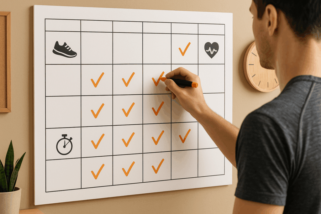 Unlocking Peak Performance: Which Type of Exercise Is Best for Improving Cardiorespiratory Fitness and Endurance? 5 Person checking off workouts on a wall calendar while planning which type of exercise is best for improving cardiorespiratory fitness